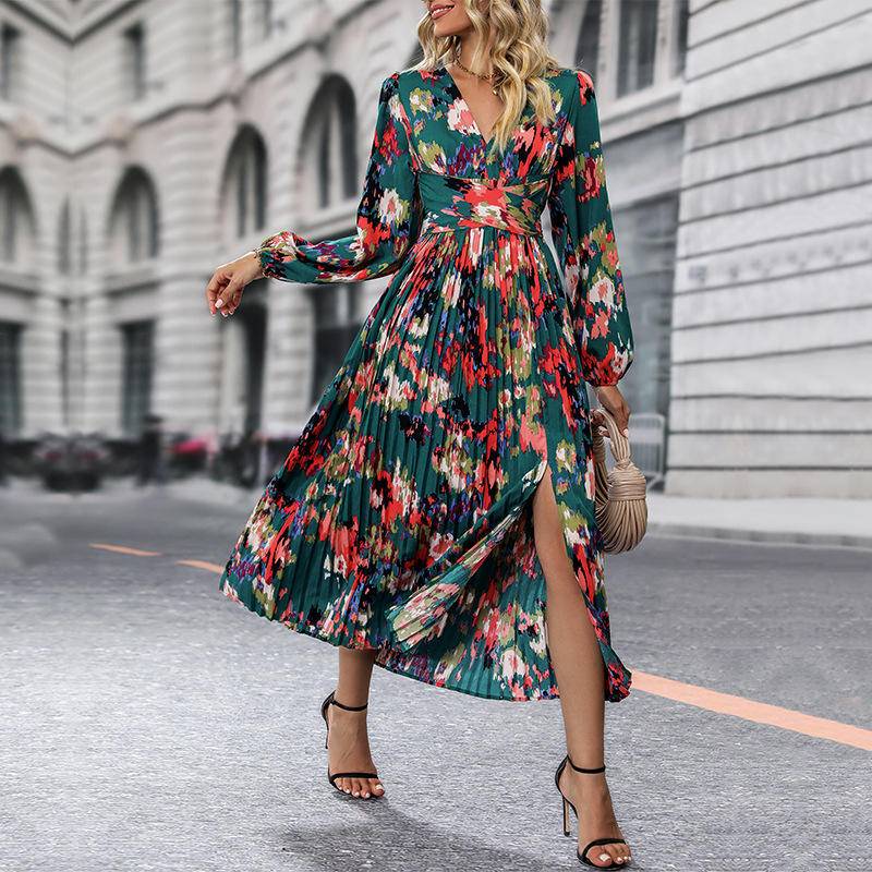 Discover the Charm of Abstract Print V-Neck Balloon Sleeve Pleated Dresses