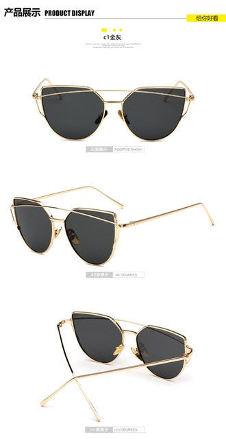 HJYBBSN Twin-Beams Cat Eye Sunglasses Women Luxury Brand Design Metal Gold Frame Retro Classic Sun Glasses Bright Colorful Lens