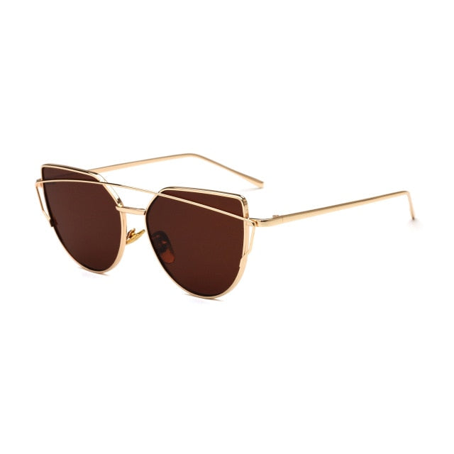 HJYBBSN Twin-Beams Cat Eye Sunglasses Women Luxury Brand Design Metal Gold Frame Retro Classic Sun Glasses Bright Colorful Lens