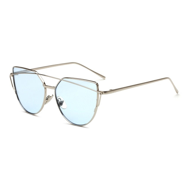 HJYBBSN Twin-Beams Cat Eye Sunglasses Women Luxury Brand Design Metal Gold Frame Retro Classic Sun Glasses Bright Colorful Lens