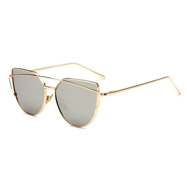 HJYBBSN Twin-Beams Cat Eye Sunglasses Women Luxury Brand Design Metal Gold Frame Retro Classic Sun Glasses Bright Colorful Lens