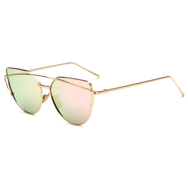 HJYBBSN Twin-Beams Cat Eye Sunglasses Women Luxury Brand Design Metal Gold Frame Retro Classic Sun Glasses Bright Colorful Lens