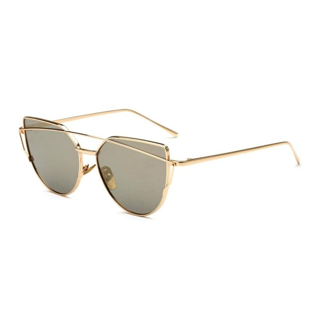 HJYBBSN Twin-Beams Cat Eye Sunglasses Women Luxury Brand Design Metal Gold Frame Retro Classic Sun Glasses Bright Colorful Lens