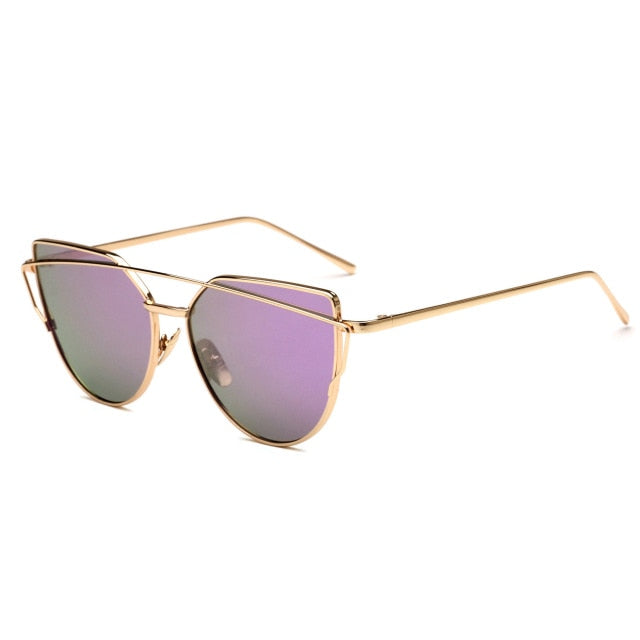 HJYBBSN Twin-Beams Cat Eye Sunglasses Women Luxury Brand Design Metal Gold Frame Retro Classic Sun Glasses Bright Colorful Lens
