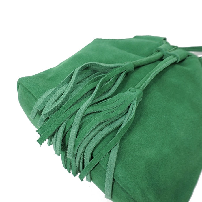Genuine Leather Small Bucket Shoulder Ibiza Suede Fringe Green Crossbody Bag