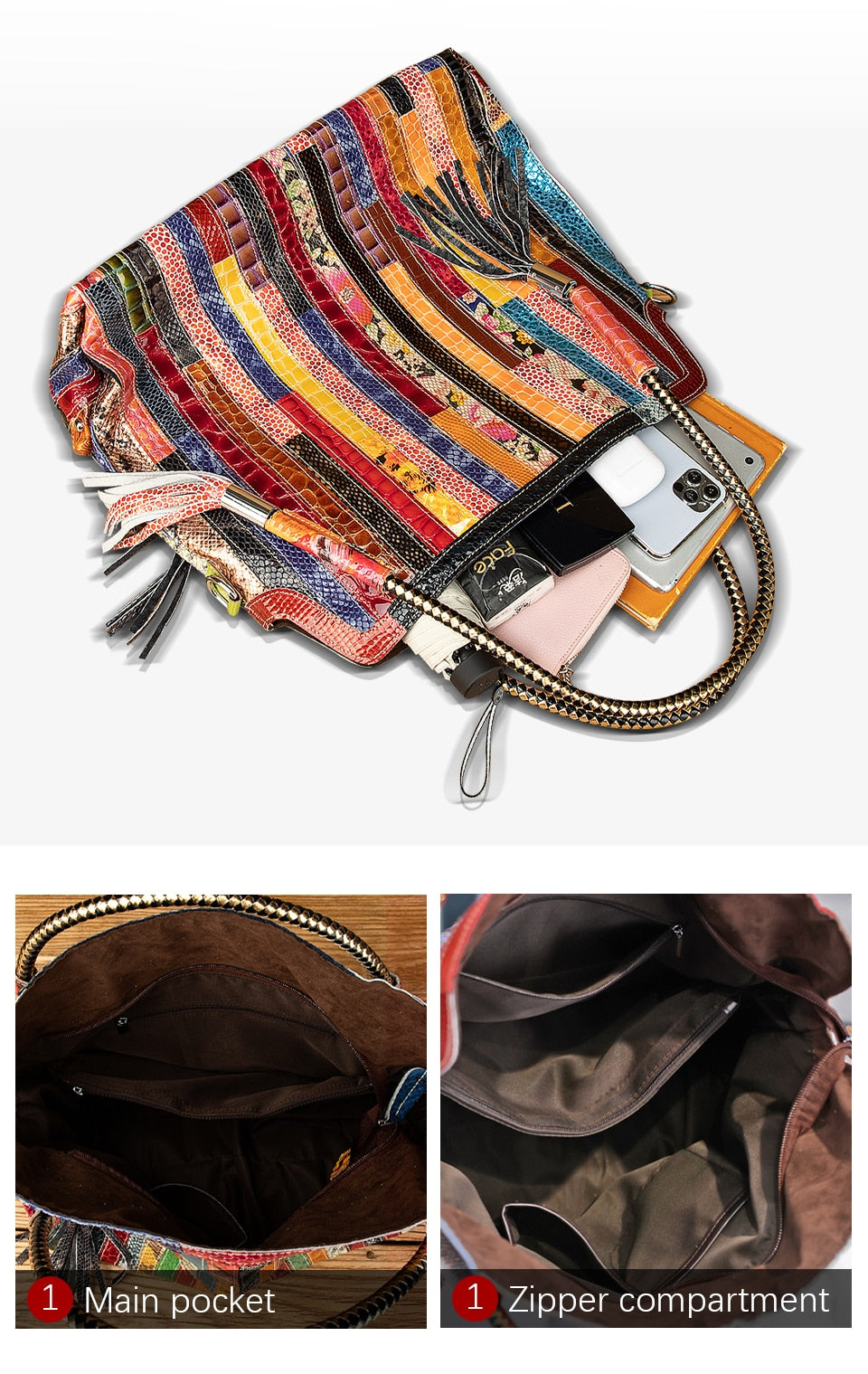 Luxury Soft Real Leather Large Shopper Handmade Color Flowers Stitching Tassel Shoulder Messenger bag