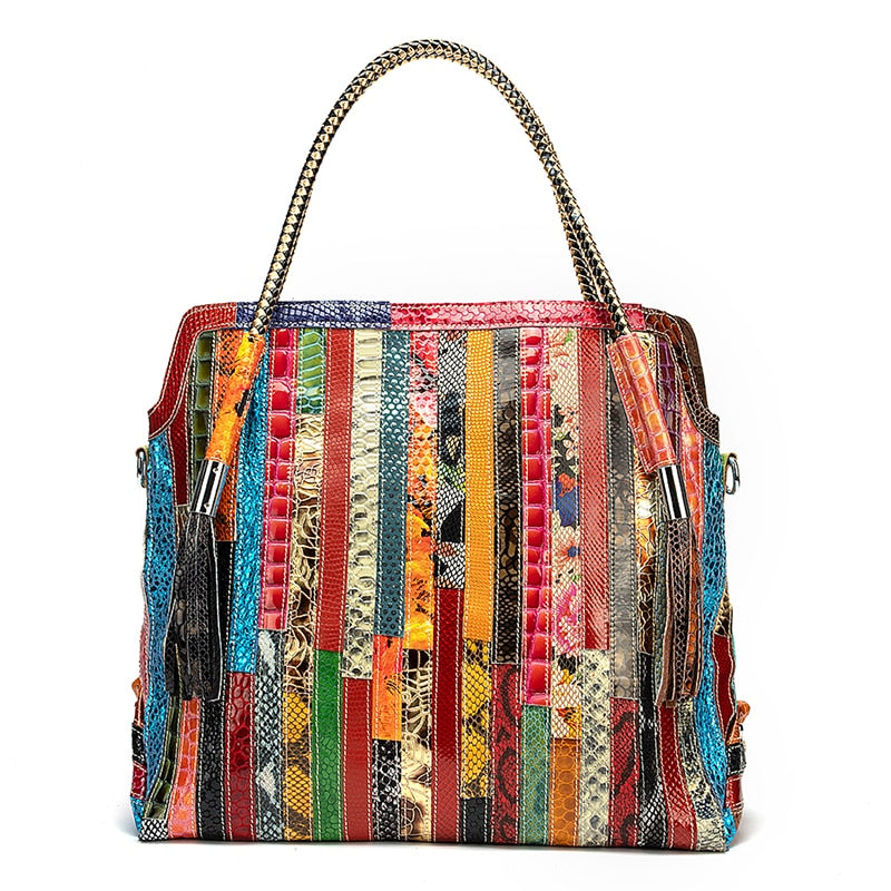 Luxury Soft Real Leather Large Shopper Handmade Color Flowers Stitching Tassel Shoulder Messenger bag