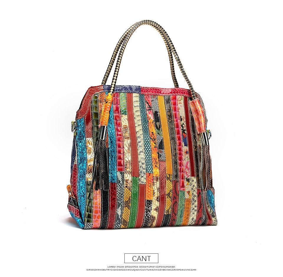 Luxury Soft Real Leather Large Shopper Handmade Color Flowers Stitching Tassel Shoulder Messenger bag