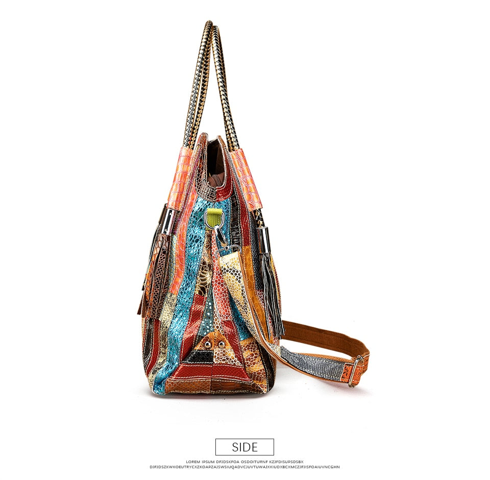 Luxury Soft Real Leather Large Shopper Handmade Color Flowers Stitching Tassel Shoulder Messenger bag