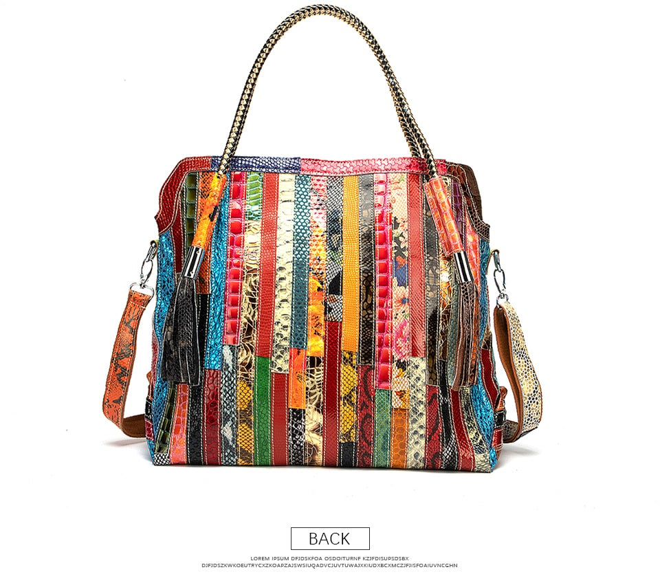 Luxury Soft Real Leather Large Shopper Handmade Color Flowers Stitching Tassel Shoulder Messenger bag