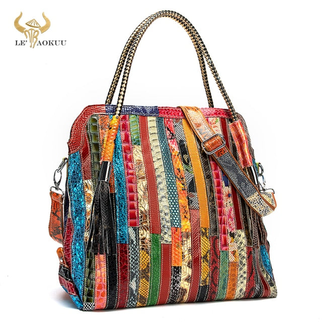 Luxury Soft Real Leather Large Shopper Handmade Color Flowers Stitching Tassel Shoulder Messenger bag