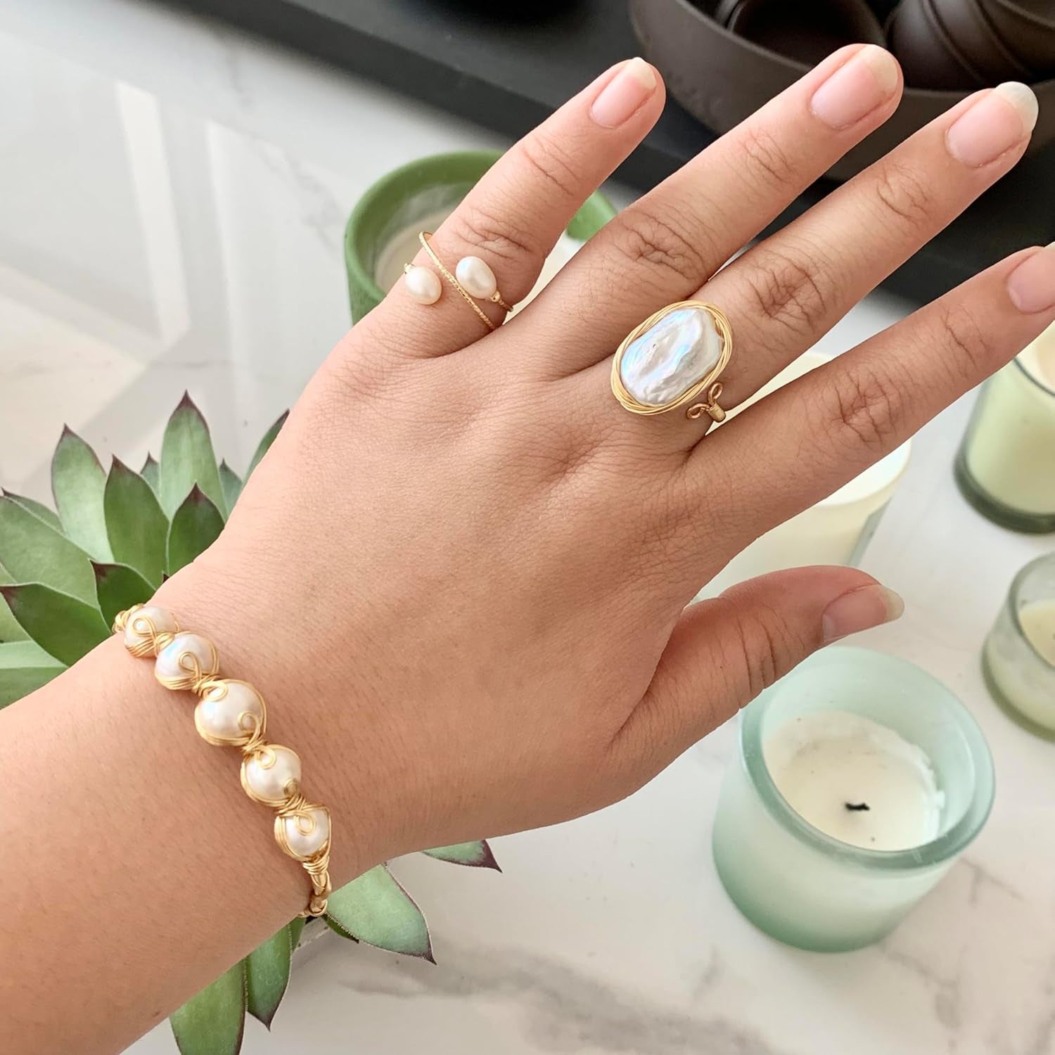 Handcrafted Baroque Pearl Ring Winding Design Opening Adjustable 14K Gold Plated Material,White