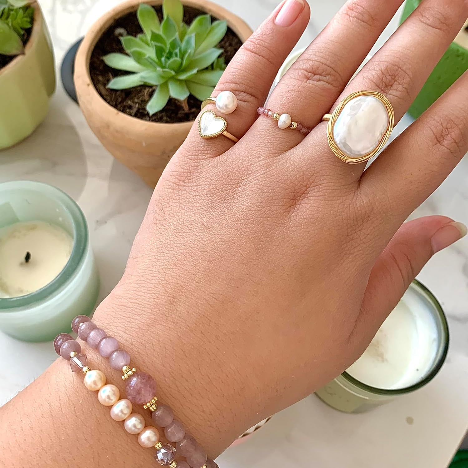 Handcrafted Baroque Pearl Ring Winding Design Opening Adjustable 14K Gold Plated Material,White