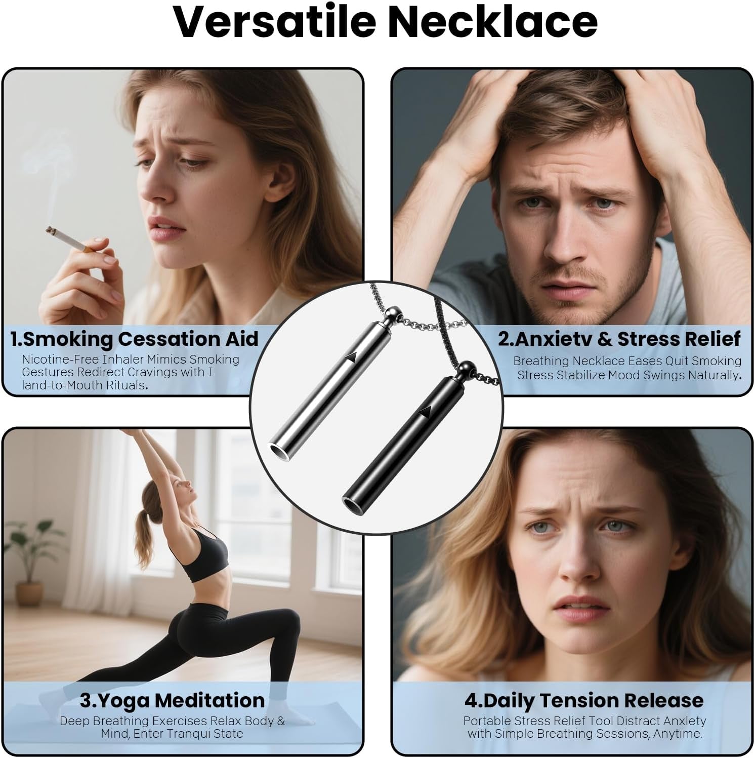 Breathing Necklace for Anxiety – Breathlink Anti-Smoking Necklace, Stainless Steel, Mindful Breathing Tool, Stress Relief Jewelry