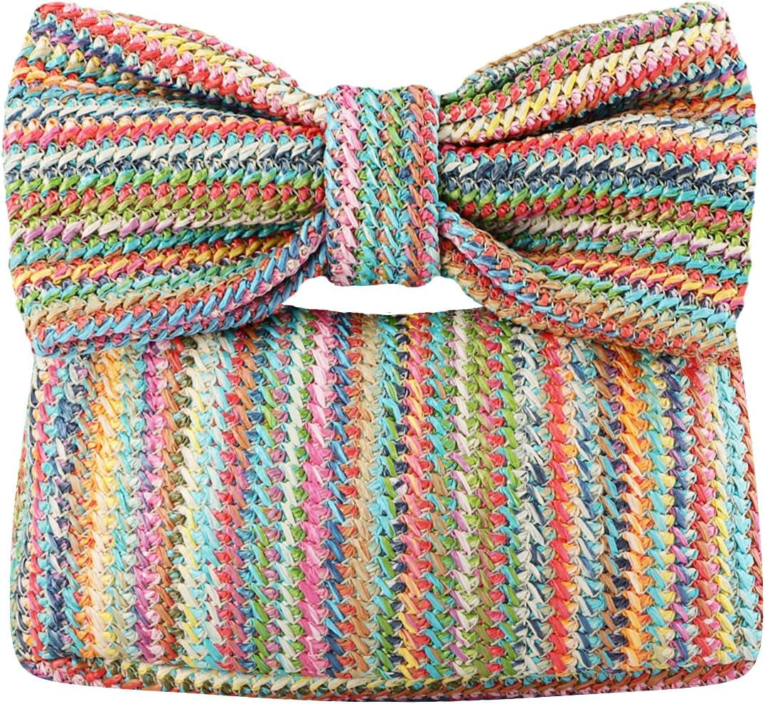 Bow Straw Clutch Purses for Women Summer Woven Rattan Handbags Wicker Beach Tote Bag 2025
