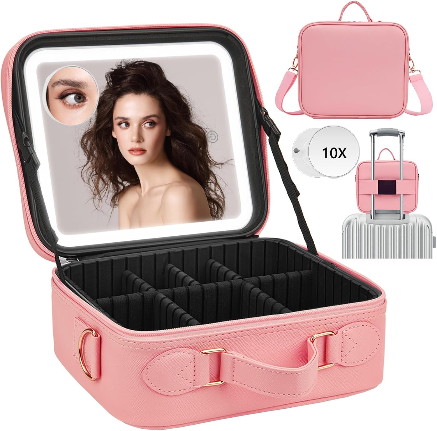 Travel Makeup Bag with Light up Mirror,Makeup Travel Case with Adjustable Dividers,Waterproof Makeup Train Case,Lighted Makeup Case with Detachable Mirror