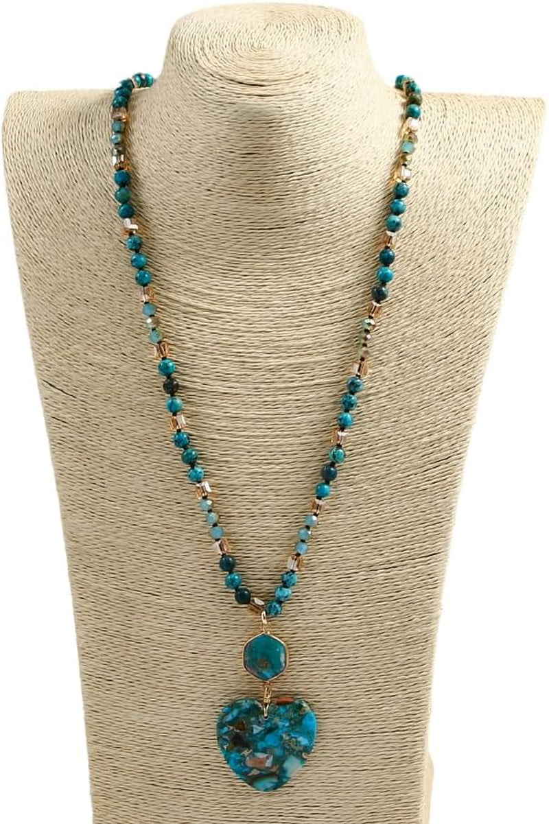 Boho Necklaces for Women Men Long,33/34/35 Inch Natural Turquoise Tiger Eye Beaded Stone Pendant Necklaces for Women Trendy,Handmade Bohemian Western Bead Necklace Fashion Charm Jewelry Gift