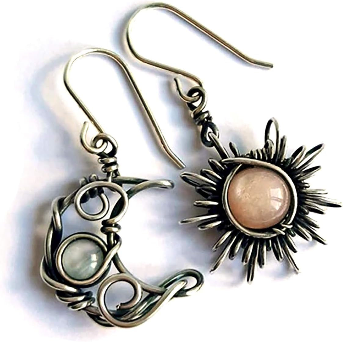 Boho Opal Sun and Moon Drop Dangle Earrings Moonstone Natural Stone Hook Bohemian for Women Asymmetrical Antiqued Silver Celestial Jewelry-A