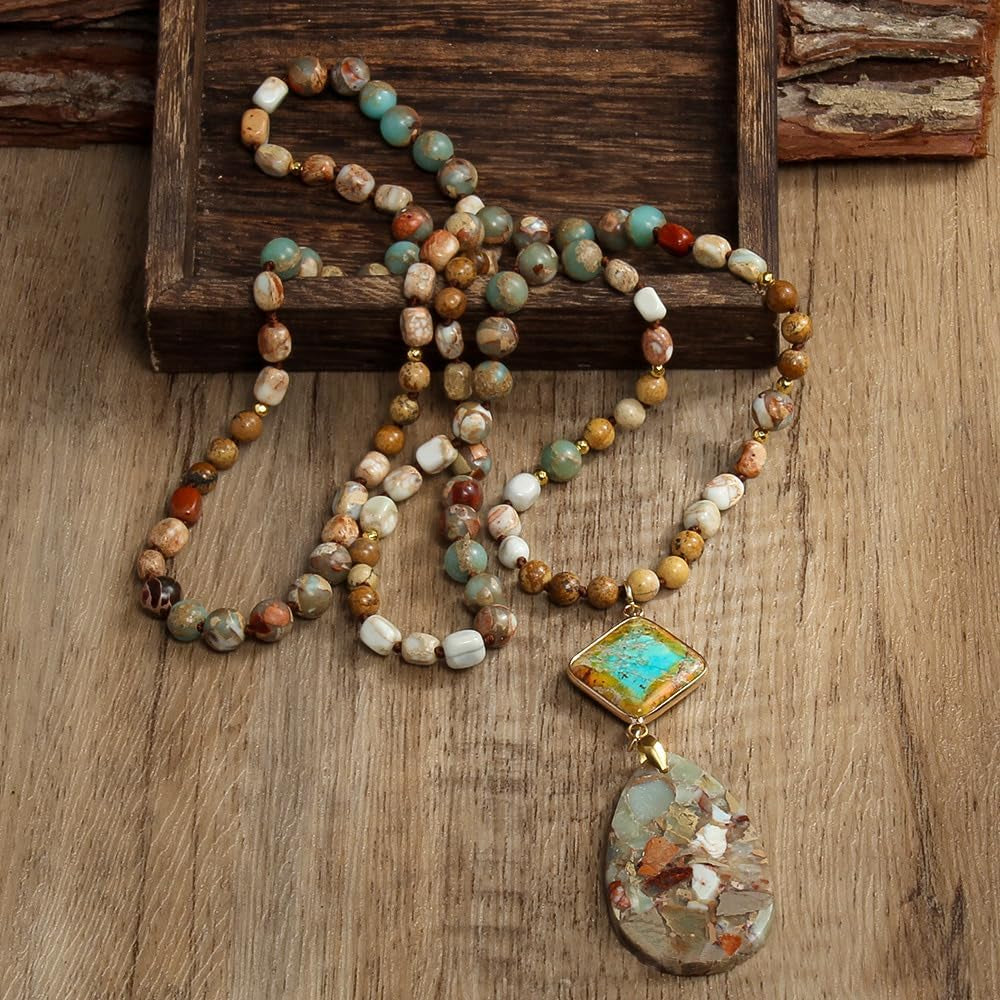 Boho Necklaces for Women Long,33/34/35 Inch Natural Turquoise Tiger Eye Beaded Stone Pendant Necklaces for Women Trendy,Handmade Bohemian Western Bead Necklace Fashion Charm Jewelry Gift