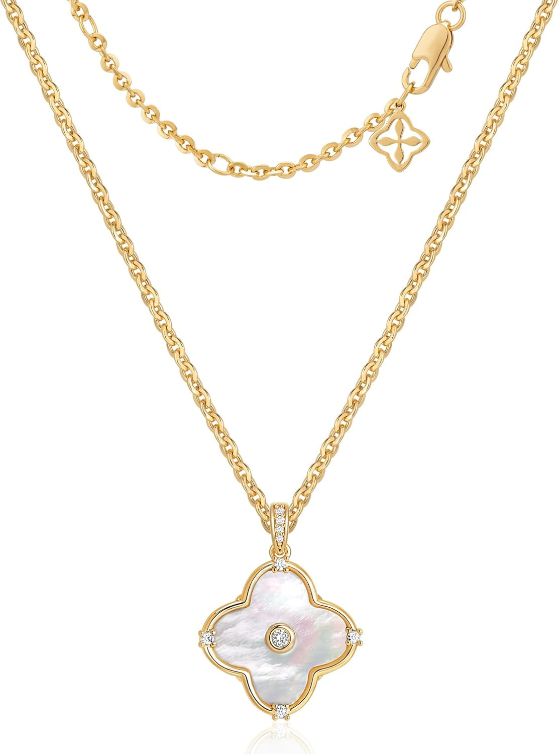 Reversible Clover Necklace for Women 14K Gold Plated Natural Stone Four Leaf Pendant Necklaces Lucky Charm Jewelry