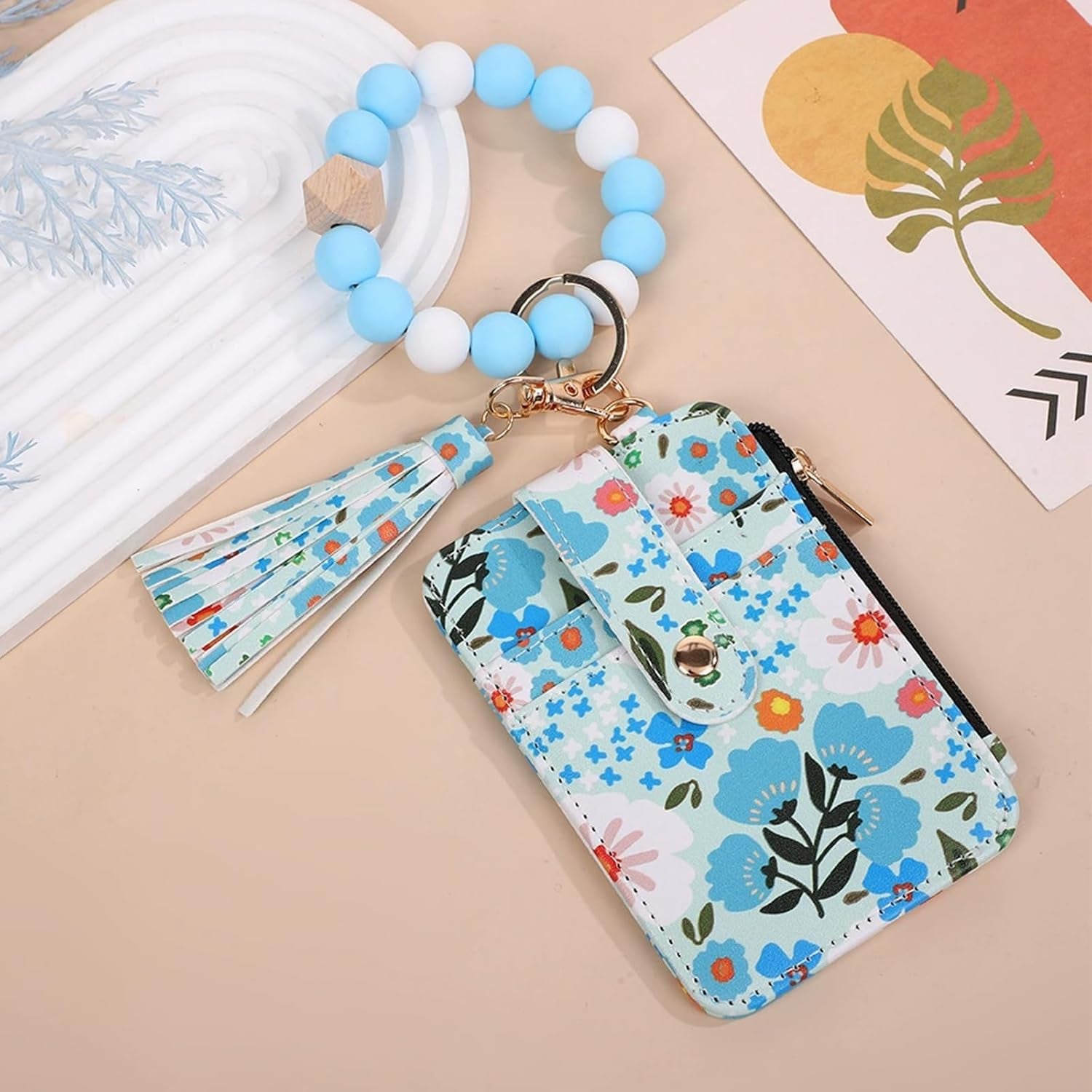 Women Boho Beaded Wallet Keychain Wristlet Wallet for Women Tassel Silicone Keychain Card Holder Small Purse Gifts