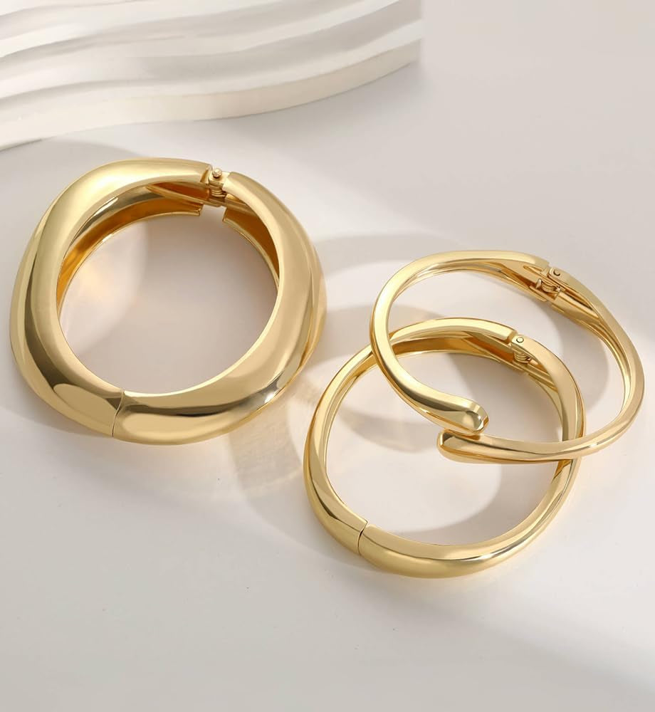 Chunky Gold Bangle Bracelets for Women, Dainty 14K Gold Plated Big Stackable Bangles Set, Trendy Statement Cuff Bracelet Stack Fashion Jewelry Gifts