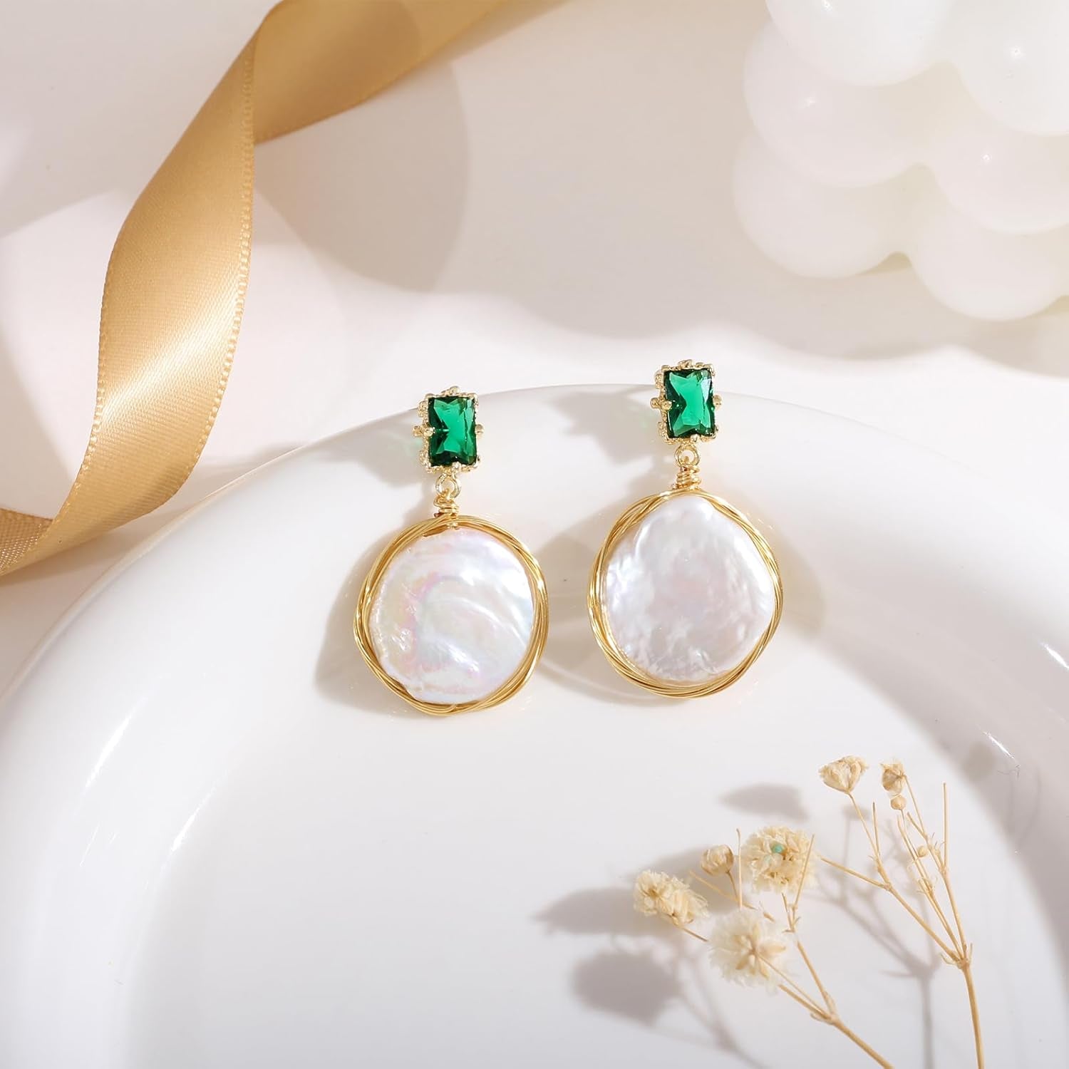 Pearl Earrings for Women,Baroque Freshwater Pearl Earrings for Women, Wire Wrap Gold Pearl Drop Earrings Jewelry, Handmade Jewelry Gift for Mom Lover Her (14K Gold Plated）