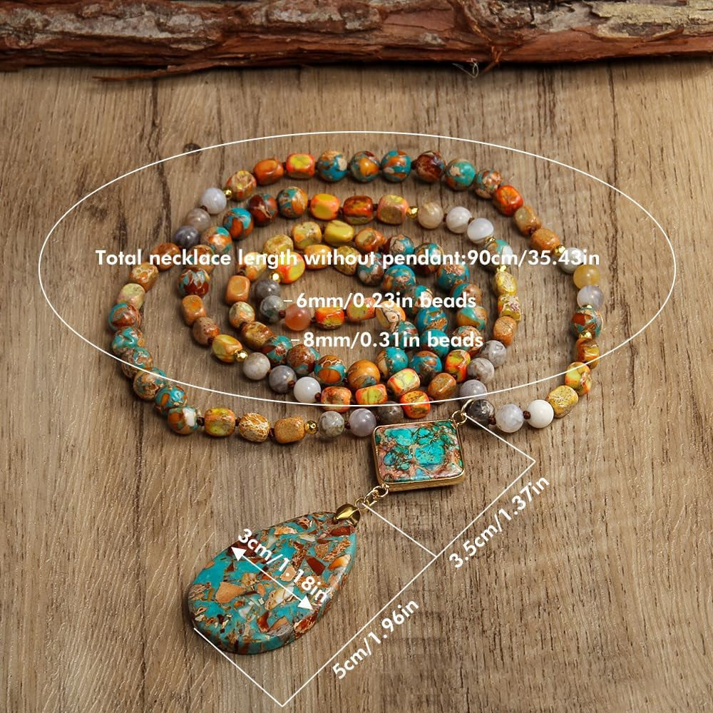 Boho Necklaces for Women Men Long,33/34/35 Inch Natural Turquoise Tiger Eye Beaded Stone Pendant Necklaces for Women Trendy,Handmade Bohemian Western Bead Necklace Fashion Charm Jewelry Gift