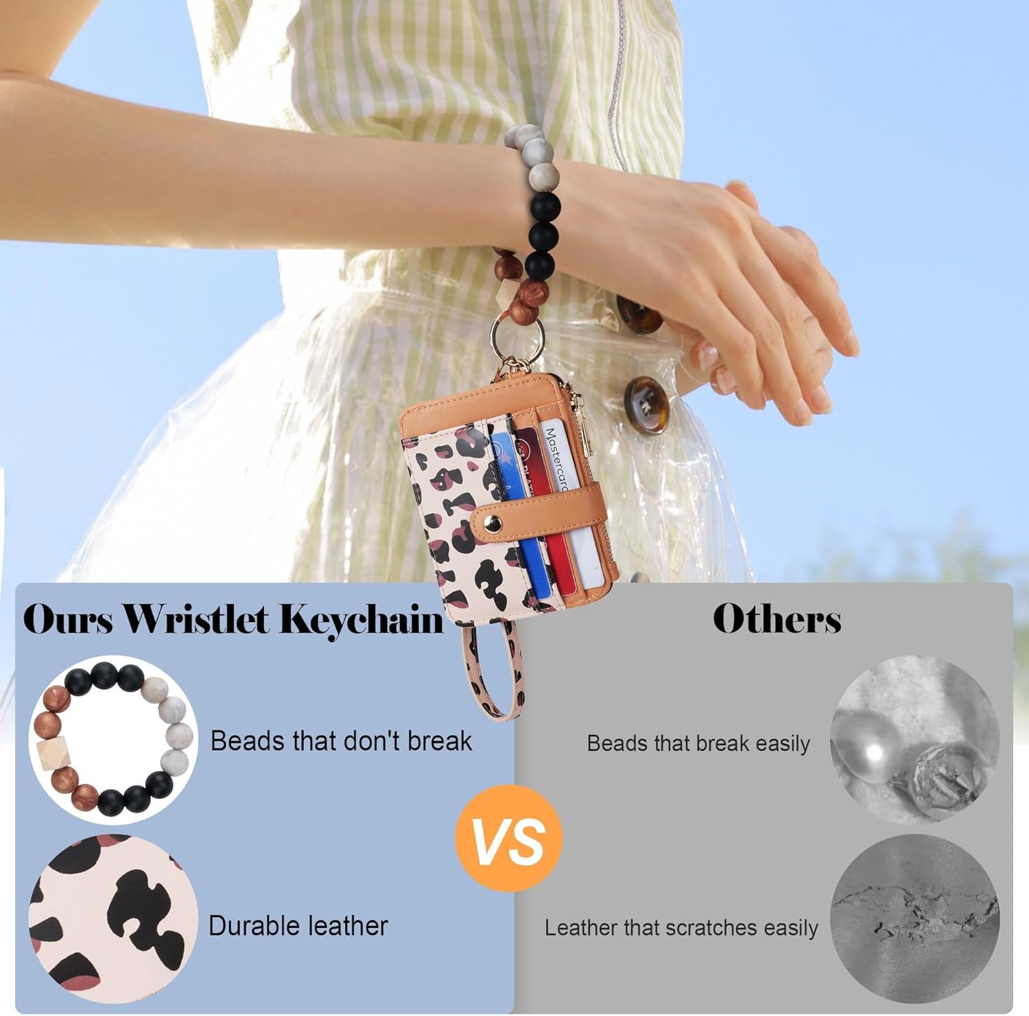 Keychain Wallet with Bracelet RFID Blocking Wristlet Credit Purse Card Holder, Silicone Bead Tassel Key Ring for Women