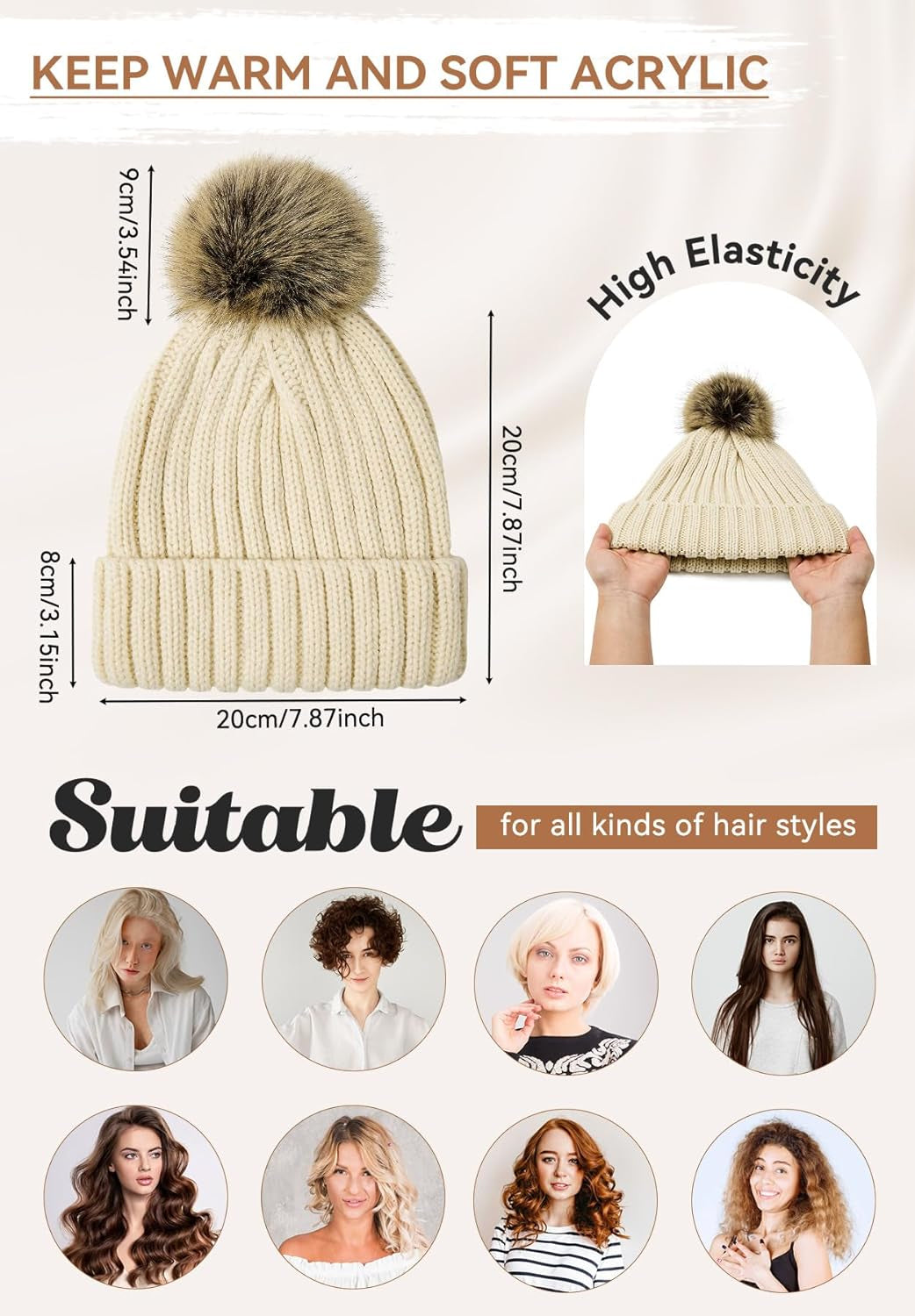Winter Satin Lined Beanie Hats for Women - Fur Pom Pom for Hats Warm Thick Silky Knit Beanies Slouchy Fashionable Cap