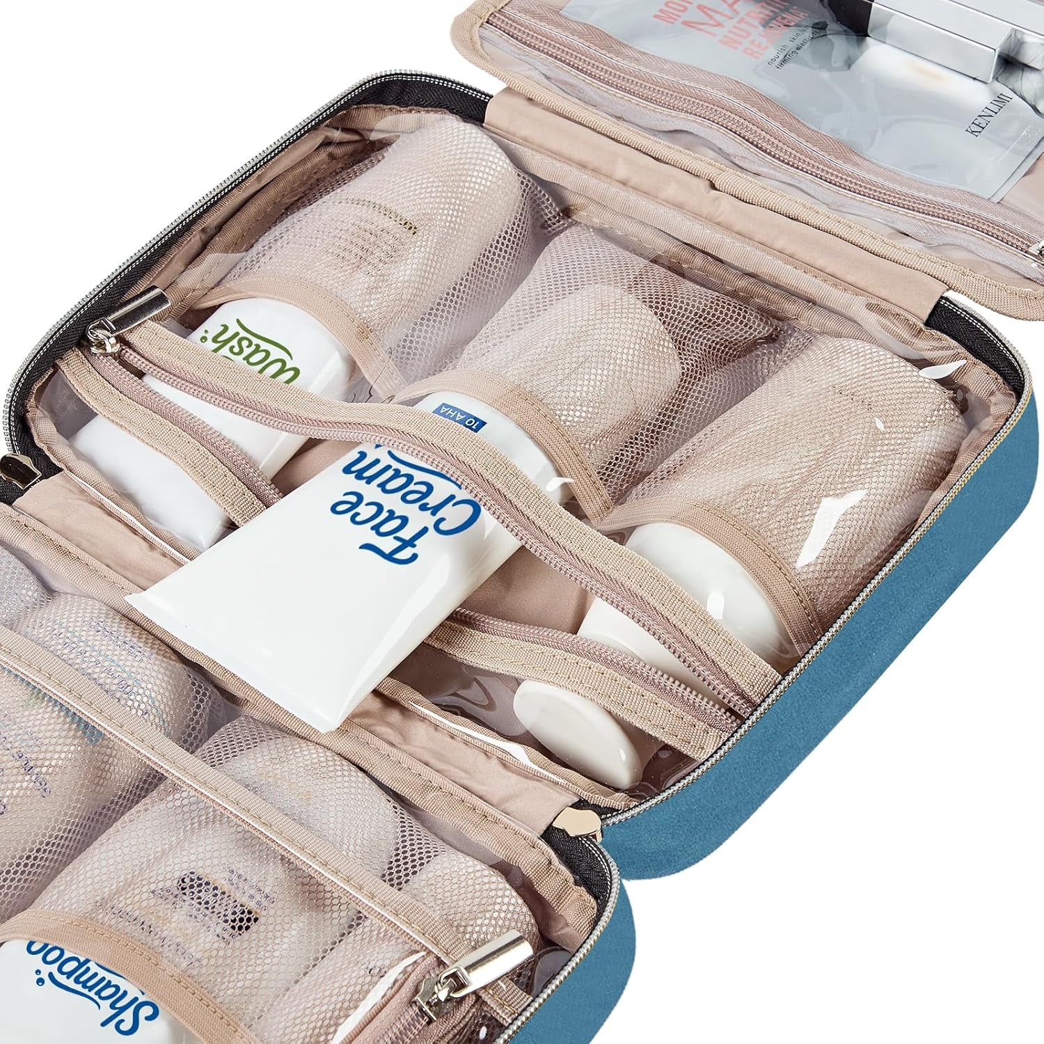 Travel Toiletry Bag for Women, Portable Hanging Organizer for Travel-Sized Shampoo, Conditioner, Brushes Set, Makeup Accessories, Medium Size, Lake-Blue