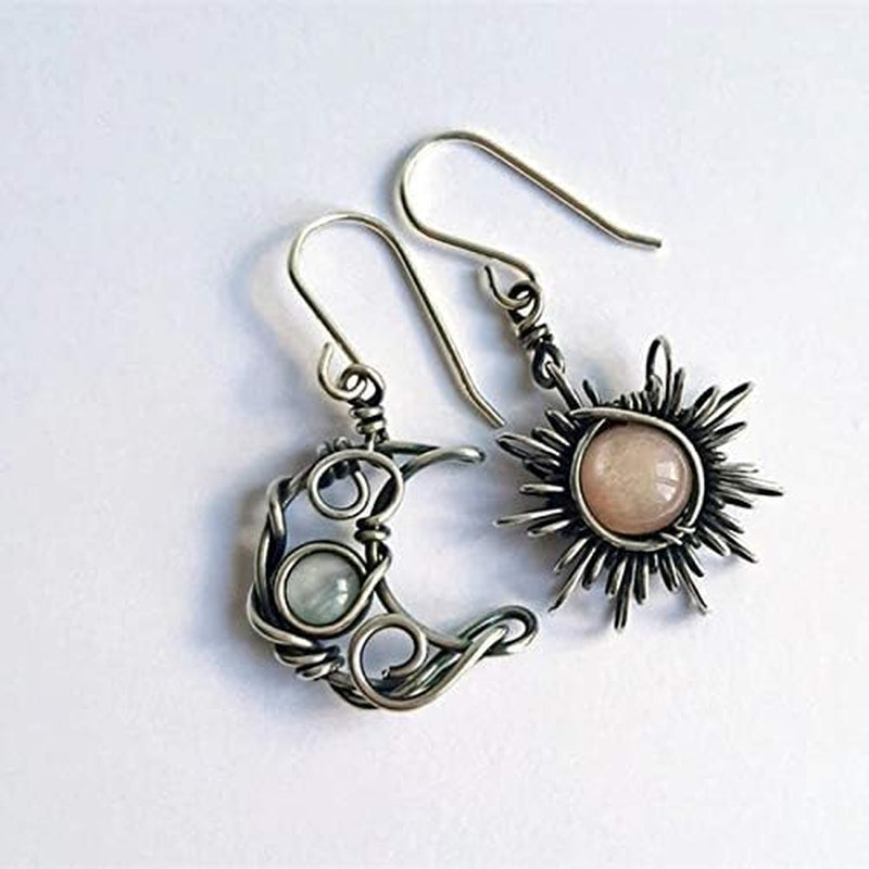 Boho Opal Sun and Moon Drop Dangle Earrings Moonstone Natural Stone Hook Bohemian for Women Asymmetrical Antiqued Silver Celestial Jewelry-A