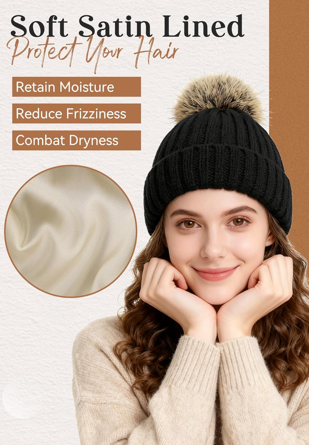 Winter Satin Lined Beanie Hats for Women - Fur Pom Pom for Hats Warm Thick Silky Knit Beanies Slouchy Fashionable Cap