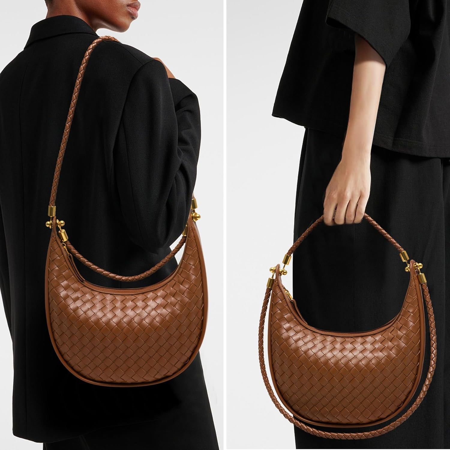 Woven Leather Crescent Shoulder Bag for Women, Saddle Purse Braided Top-Handle Handbag under Arm Bag