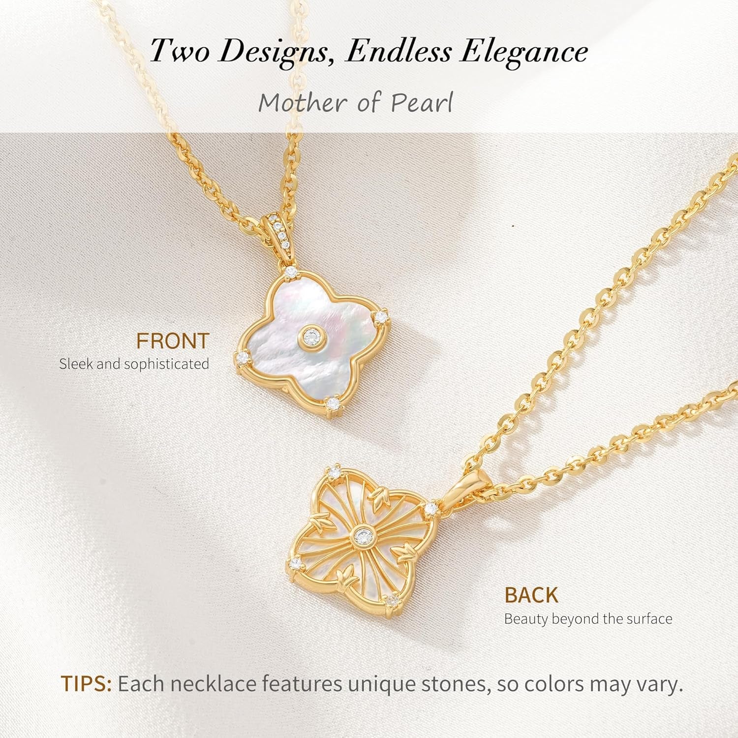 Reversible Clover Necklace for Women 14K Gold Plated Natural Stone Four Leaf Pendant Necklaces Lucky Charm Jewelry