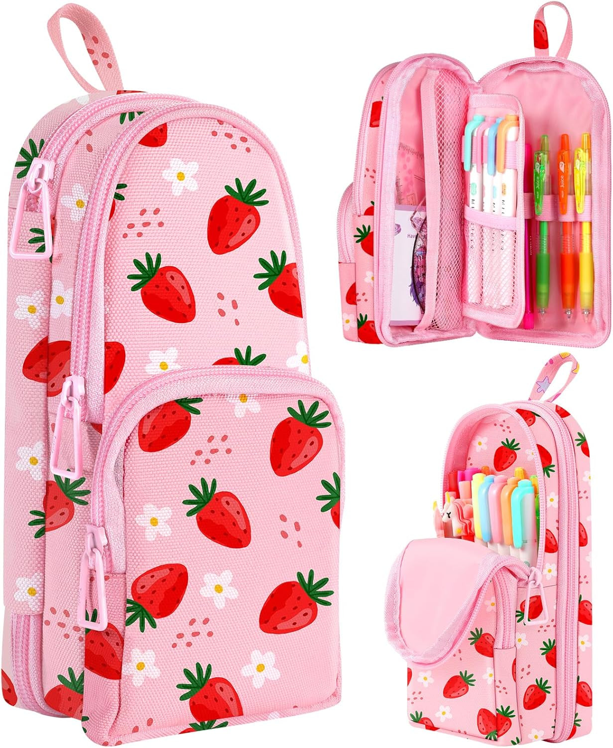 Cute Strawberry Pencil Case,Unique Aesthetic 3D Schoolbag-Shaped Pencil Pouch for Girls Boys Kids Women,Big Capacity Pen and Pencil Stationery Organizer Bag with Zippers for School Office