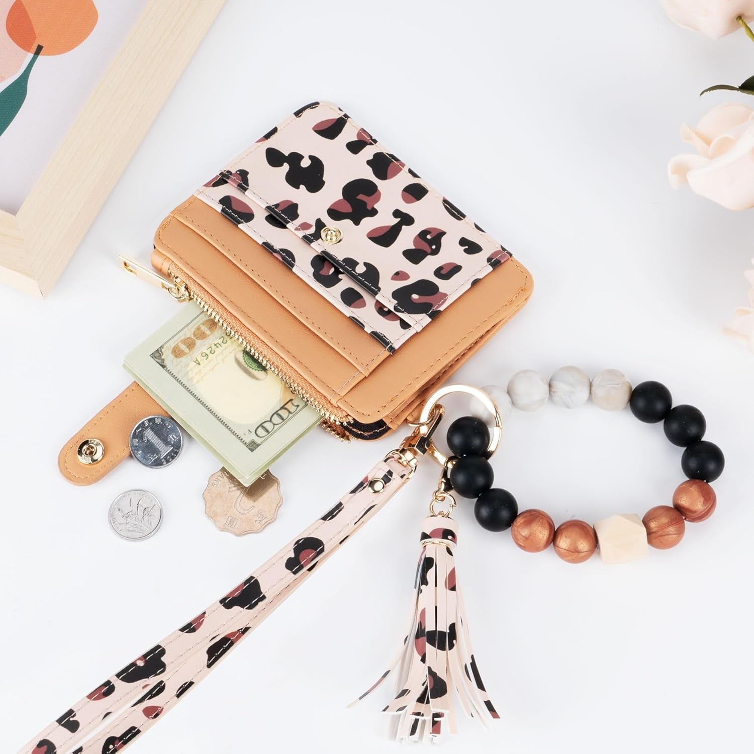 Keychain Wallet with Bracelet RFID Blocking Wristlet Credit Purse Card Holder, Silicone Bead Tassel Key Ring for Women
