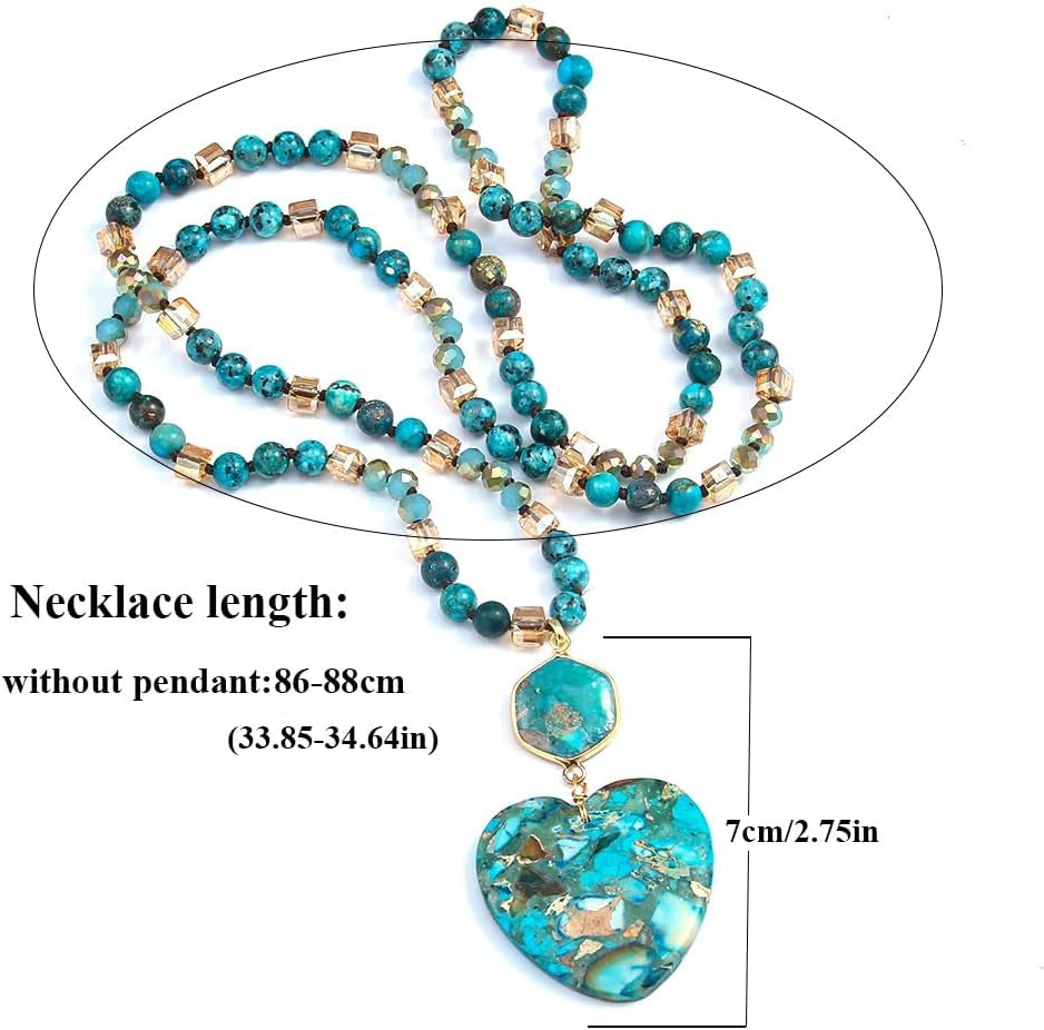 Boho Necklaces for Women Men Long,33/34/35 Inch Natural Turquoise Tiger Eye Beaded Stone Pendant Necklaces for Women Trendy,Handmade Bohemian Western Bead Necklace Fashion Charm Jewelry Gift