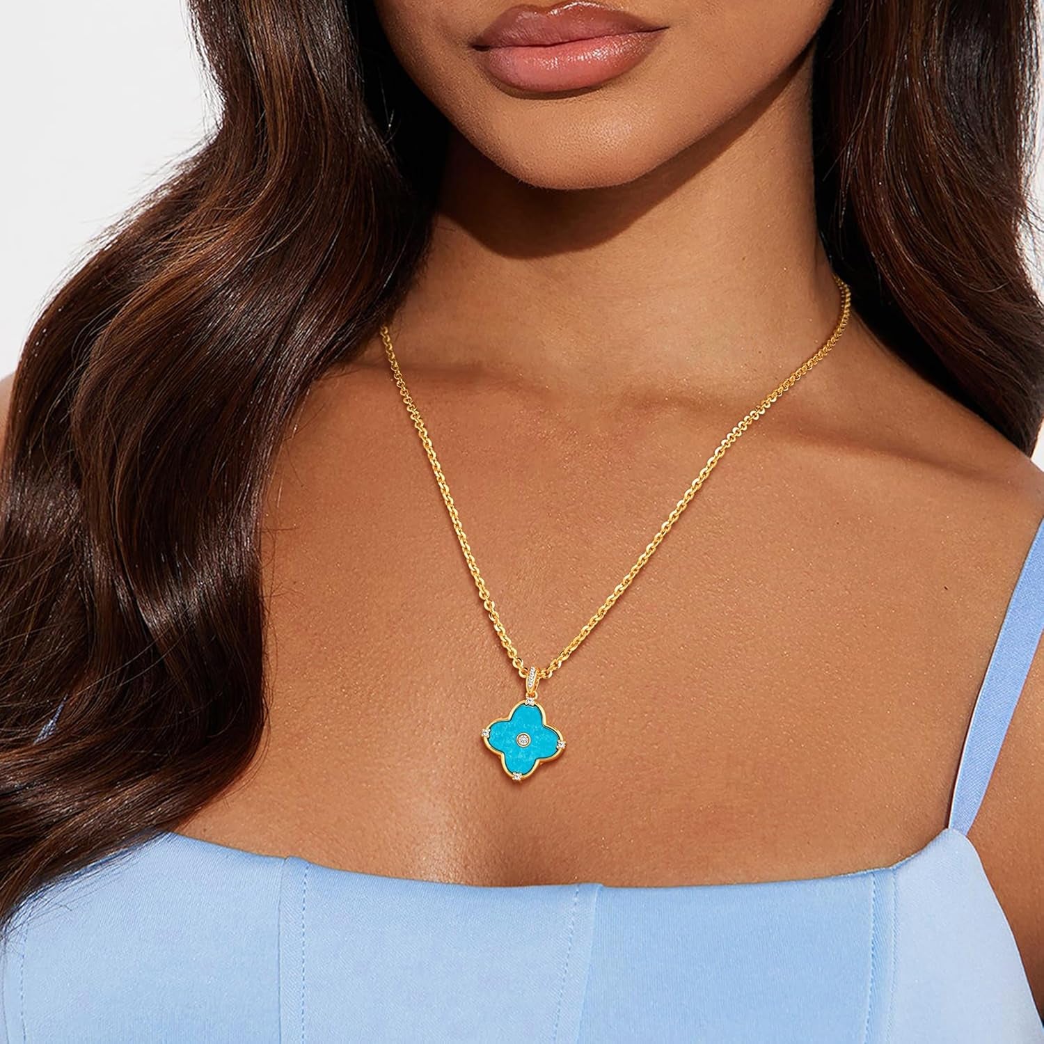 Reversible Clover Necklace for Women 14K Gold Plated Natural Stone Four Leaf Pendant Necklaces Lucky Charm Jewelry