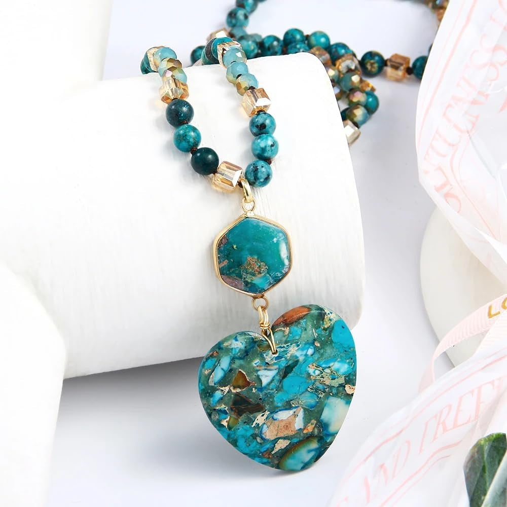 Boho Necklaces for Women Men Long,33/34/35 Inch Natural Turquoise Tiger Eye Beaded Stone Pendant Necklaces for Women Trendy,Handmade Bohemian Western Bead Necklace Fashion Charm Jewelry Gift