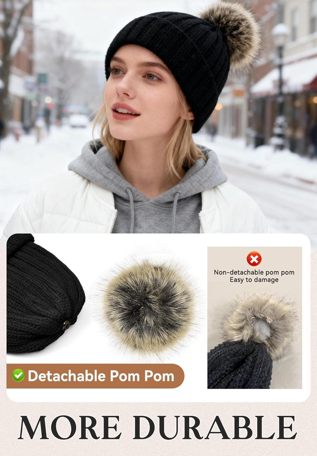 Winter Satin Lined Beanie Hats for Women - Fur Pom Pom for Hats Warm Thick Silky Knit Beanies Slouchy Fashionable Cap