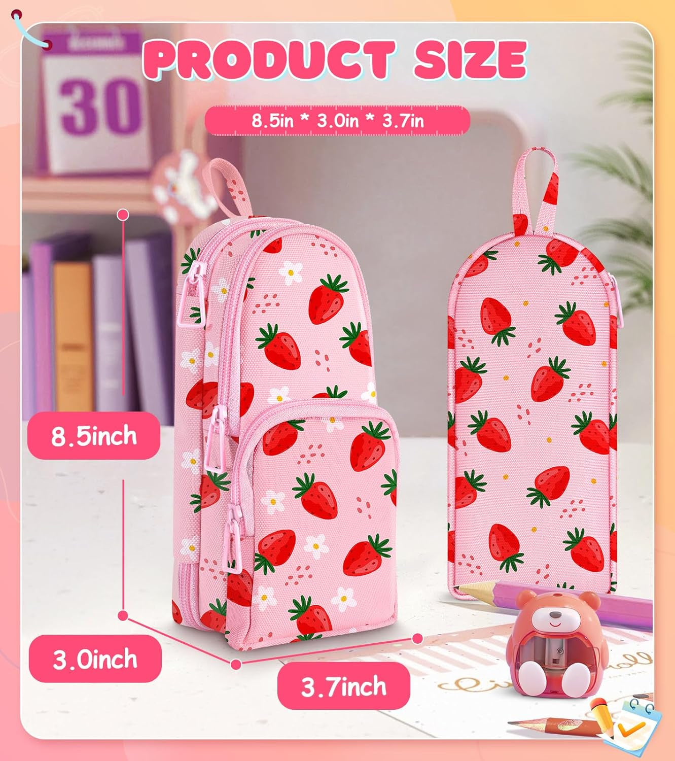 Cute Strawberry Pencil Case,Unique Aesthetic 3D Schoolbag-Shaped Pencil Pouch for Girls Boys Kids Women,Big Capacity Pen and Pencil Stationery Organizer Bag with Zippers for School Office