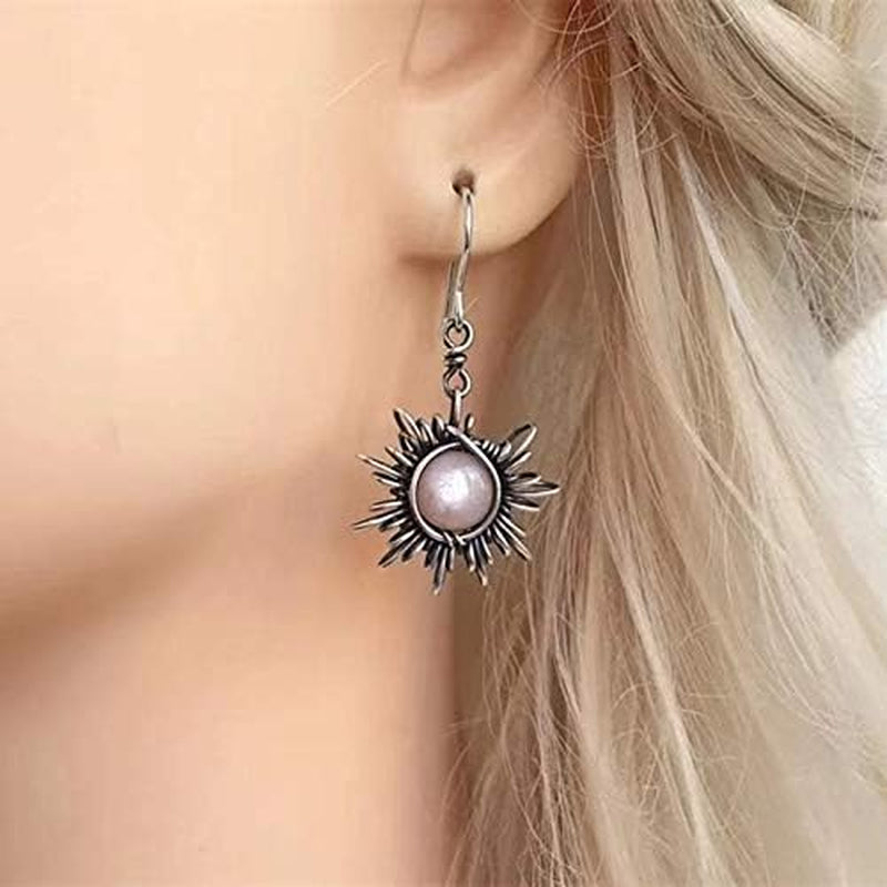 Boho Opal Sun and Moon Drop Dangle Earrings Moonstone Natural Stone Hook Bohemian for Women Asymmetrical Antiqued Silver Celestial Jewelry-A