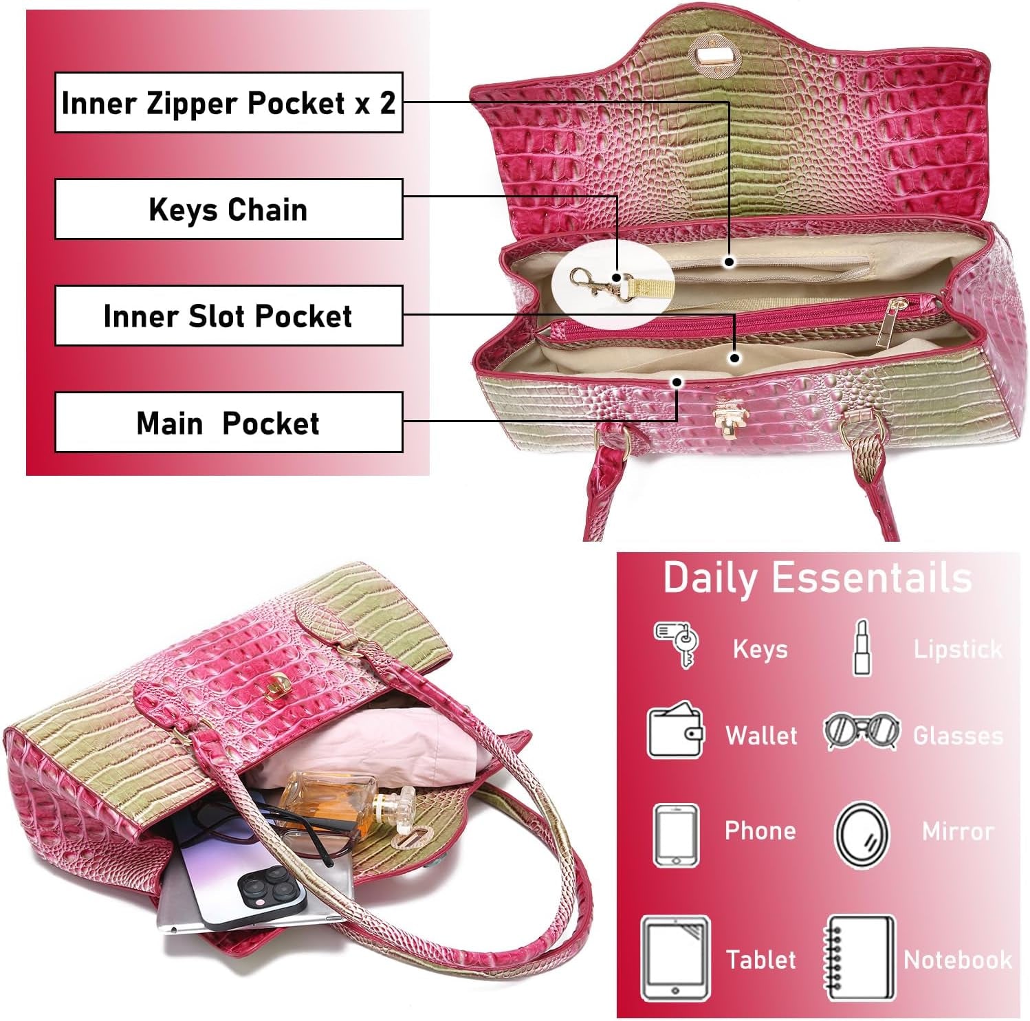 Leather Crocodile Pattern Top Handle Handbag for Women High-Value Satchel Tote Purse for Ladies