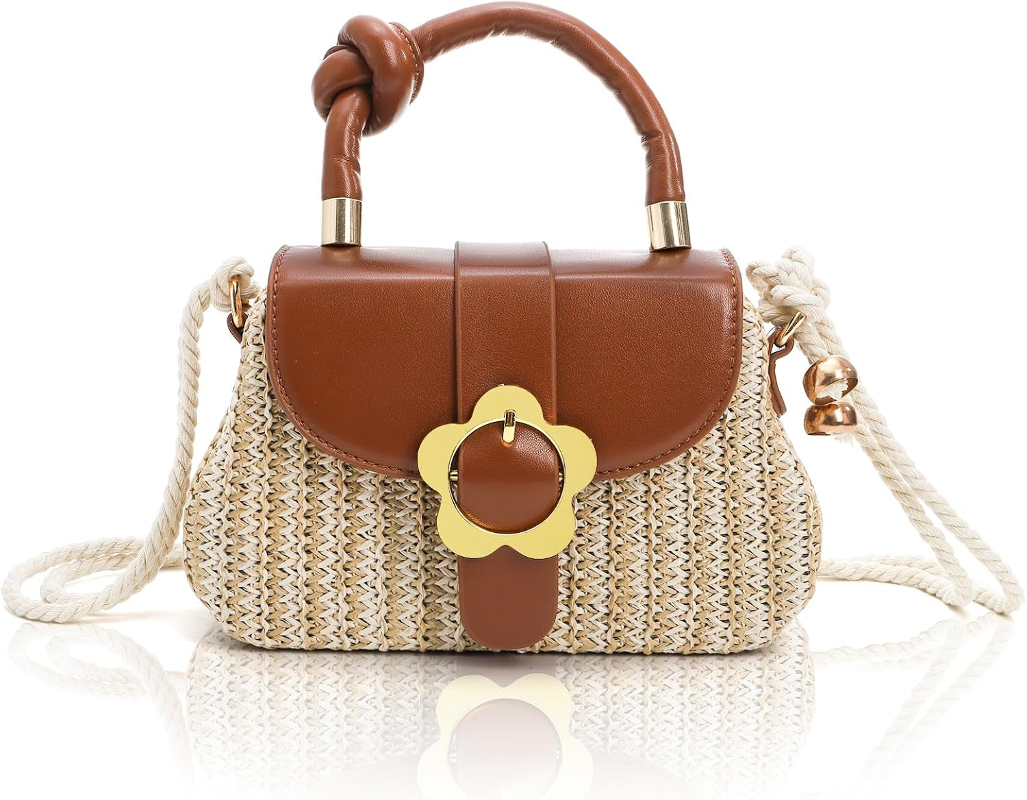 Small Top Handle Purse, Straw Crossbody Bag with Floral Buckle Detachable Strap for Women, Cute Mini Clutch Straw Purse for Vocation, Summer Beach, Travel, Holiday