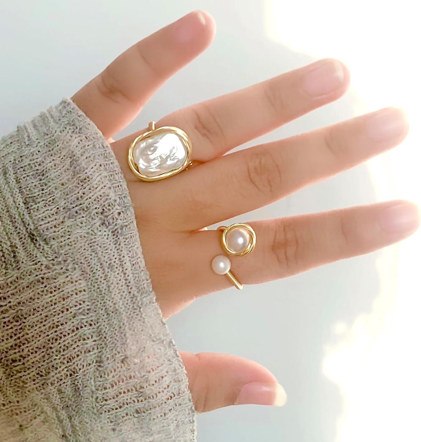 Handcrafted Baroque Pearl Ring Winding Design Opening Adjustable 14K Gold Plated Material,White