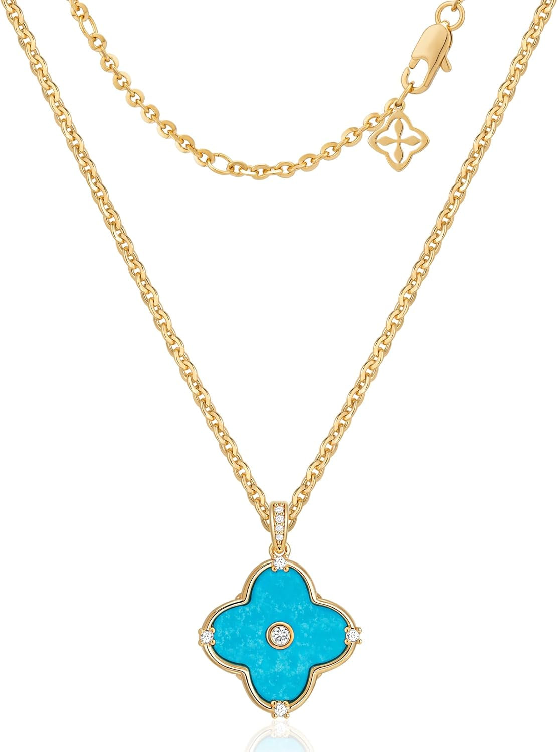 Reversible Clover Necklace for Women 14K Gold Plated Natural Stone Four Leaf Pendant Necklaces Lucky Charm Jewelry