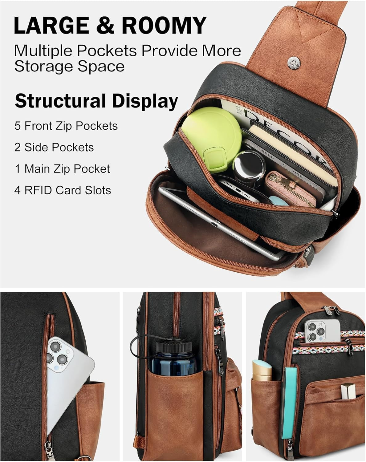 Large Sling Bag for Women, Leather Crossbody Purse Designer anti Theft Sling Backpack, RFID Fanny Packs for Travel