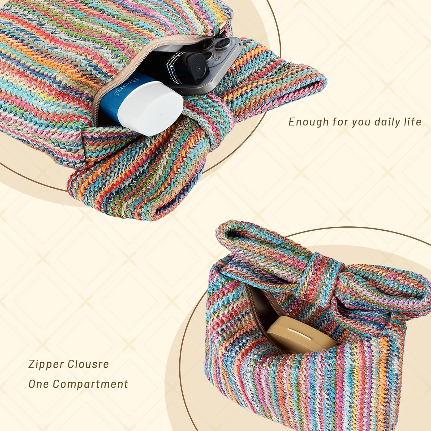 Bow Straw Clutch Purses for Women Summer Woven Rattan Handbags Wicker Beach Tote Bag 2025