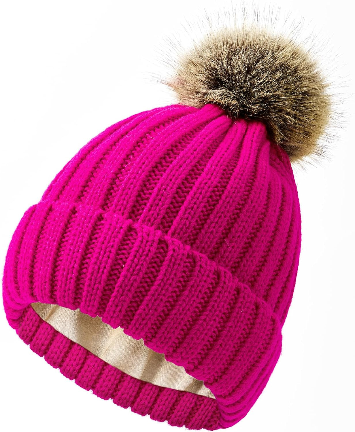 Winter Satin Lined Beanie Hats for Women - Fur Pom Pom for Hats Warm Thick Silky Knit Beanies Slouchy Fashionable Cap